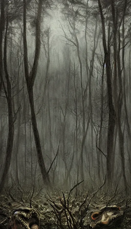 Image similar to a storm vortex made of many demonic eyes and teeth over a forest, by alyssa monks