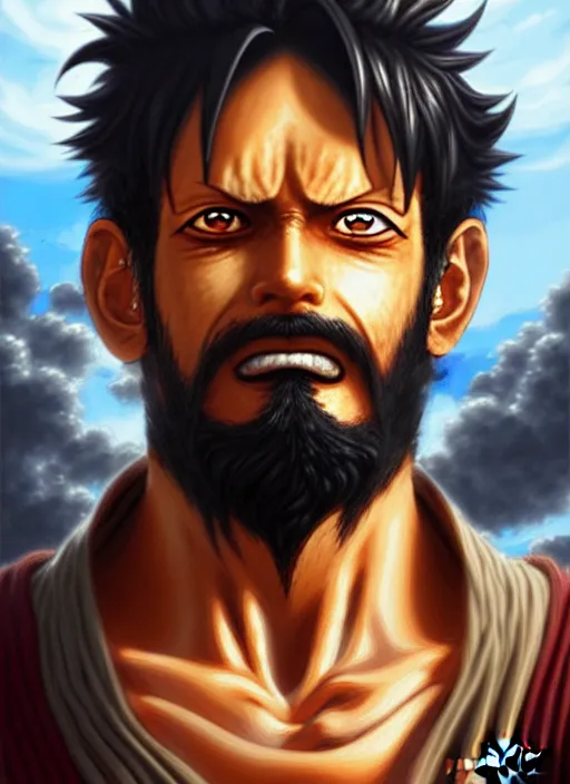 Prompt: luffy as _ fantasy _ style _ portrait _ painting _ of middle eastern male brown wavy hair beard, rpg dnd oil _ painting _ unreal _ 5 _ daz. _ rpg _ portrait _ extremely _ detailed _ artgerm _ greg _ rutkowski _ greg