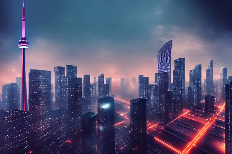 Image similar to HD photo of the city of Toronto in the style of Blade Runner 2049, cyberpunk, scifi, cinematic, film, 8k