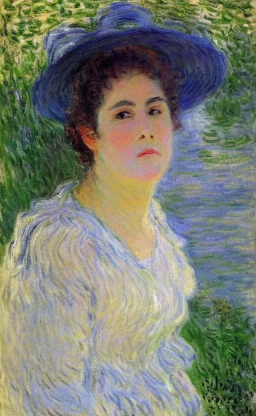 Image similar to portrait by claude monet!! of a lovely woman!! looking at us daydreaming! lake como in background!!!