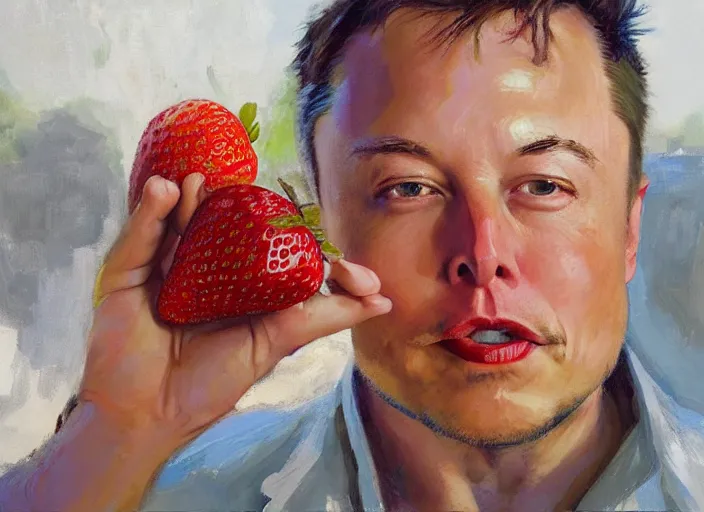 Image similar to a highly detailed beautiful portrait of elon musk eating strawberry by gregory manchess, james gurney, james jean