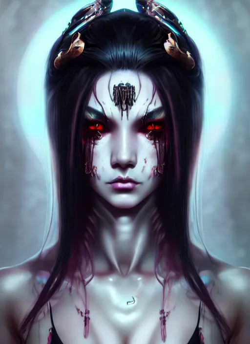 Image similar to soft lustrous ebony geisha seductive raver yakuza gothic cyborg, decay, underworld, dark fantasy, dark art, highly detailed, digital painting, octane render, artstation, concept art, smooth, sharp focus, illustration, art by artgerm, loish, wlop