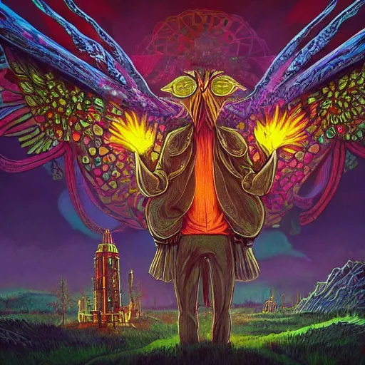 Image similar to 8K Portrait of centered chest up of a psychedelic godlike mothman with giant mandala wings smoking a hand-rolled cigarette smoking heavily , magic mushroom village in background , post-processing , award winning. superb resolution. in the art style of junji Ito and greg rutkowski . Detailed Mushroom city in background. Hyper realistic anime. Perfect art. Dalle2