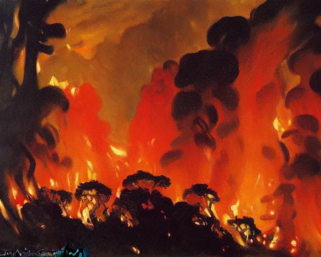 Prompt: coral reef forest fire. painting by John Singer Sargent