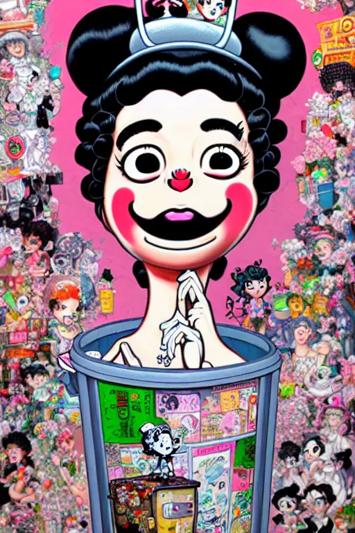 Image similar to full view, from a distance, of anthropomorphic trashcan who is betty boop, full of trash, style of yoshii chie and hikari shimoda and martine johanna, highly detailed