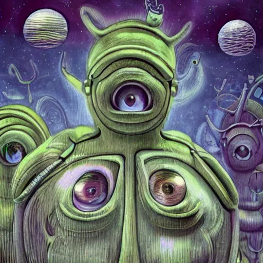 Prompt: detailed realistic science fiction illustration of teletubbies, in the style of h r giger and wayne barlowe