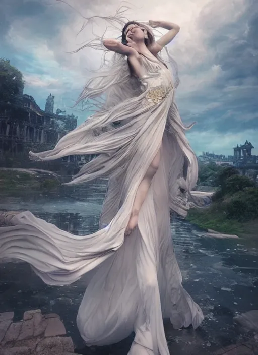 Image similar to a beautiful sorceress floating on air with elegant looks, flowing robe, ornate and flowing, intricate and soft by miho hirano, ruan jia, tom bagshaw,, wlop, beautiful roman architectural ruins in the background, epic sky, half body shot, vray render, artstation, deviantart, pinterest, 5 0 0 px models