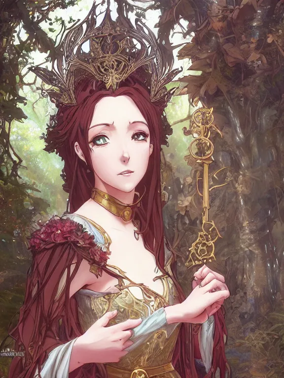 Image similar to anime key visual of amora the enchantress wearing a medieval gown!! intricate, magical forest, stunning, highly detailed, digital painting, artstation, smooth, hard focus, illustration, art by artgerm and greg rutkowski and alphonse mucha