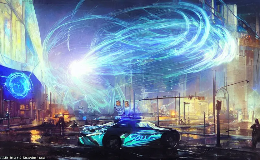 Image similar to people with posters attacking cops, a huge blue spiral - shaped white luminous attractor is floating on the horizon near the sun, stores in los angeles with light screens all over the street, concept art, art for the game, professional lighting, dark night lighting from streetlights, by ilya repin