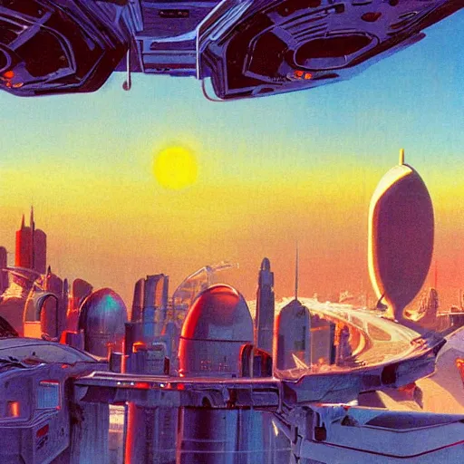 Image similar to aerial view of a science-fiction cityscape, cinematic angle, cinematic lighting, blue sky, sun in the sky, by Syd Mead, John Harris, Federico Pelat