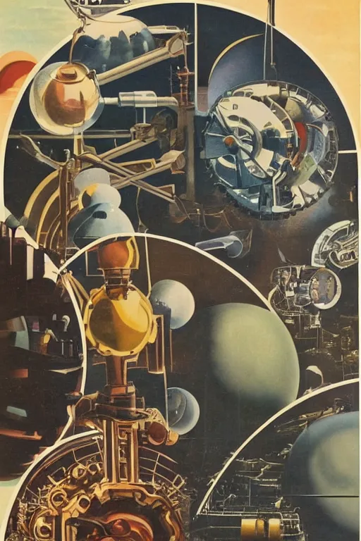 Prompt: 1940 magazine cut out collage of steam punk machinery terraforming Jupiter, oil painting by Charles Sheeler