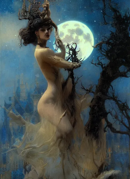 Prompt: surrealism, abstract, a dark witch in front of the full big moon, painting by gaston bussiere, craig mullins, j. c. leyendecker