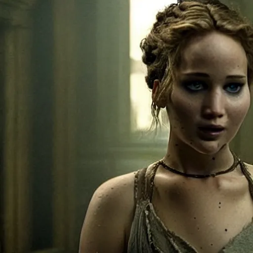 Prompt: jennifer lawrence is frankenstein's monster, color photography, sharp detail, still from the movie mary shelley's frankenstein