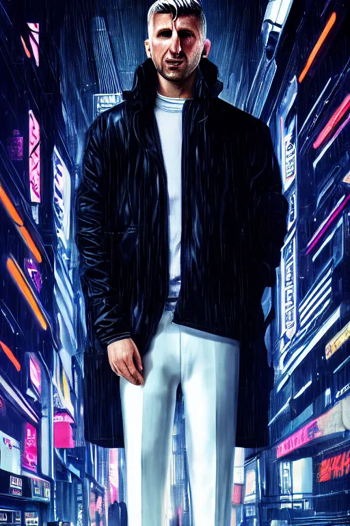 Image similar to extreme long shot. 35 years old blonde russian man in white adidas pants. black letaher jacket. white sneakers. hangover face. staying on the street. 4k, 8k, hyprerealistic, extreme hight detail, trending on artstation, masterpiece. bladerunner 2049 colors. colourful. psychedelic colors