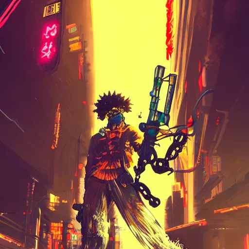 Prompt: afro samurai with cybernetic eyes and gold teeth in the cyberpunk ghetto, neon graffiti, apex legends character digital illustration portrait design, by noah bradley and android jones in a cyberpunk style, synthwave color scheme, dramatic lighting, hero pose, wide angle dynamic portrait