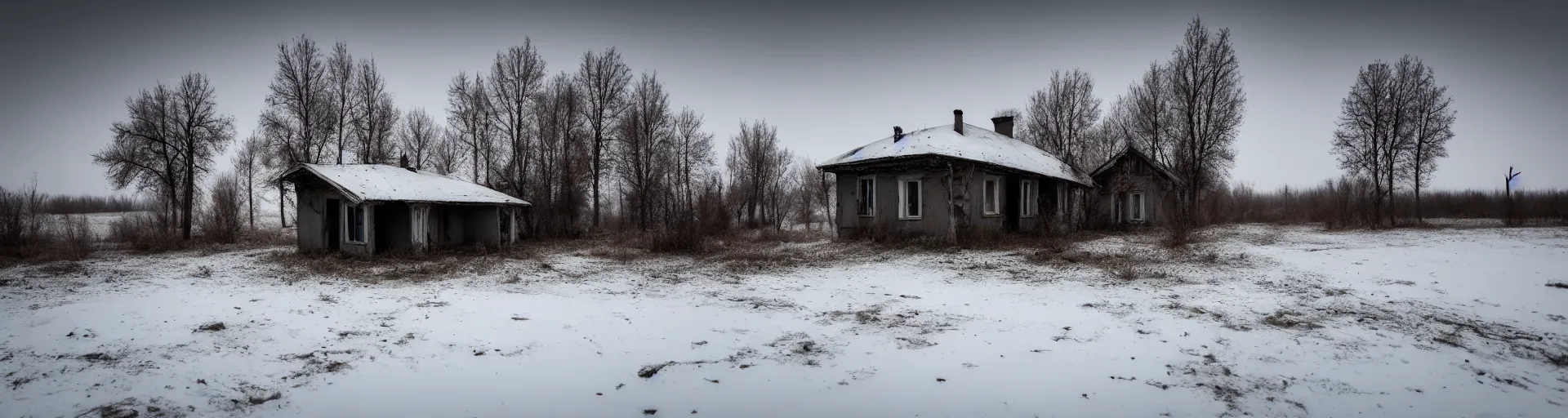 Image similar to landscape, lonely soviet house, abandoned, lifeless, winter, mud, atmospheric, mystical, very detailed 4 k