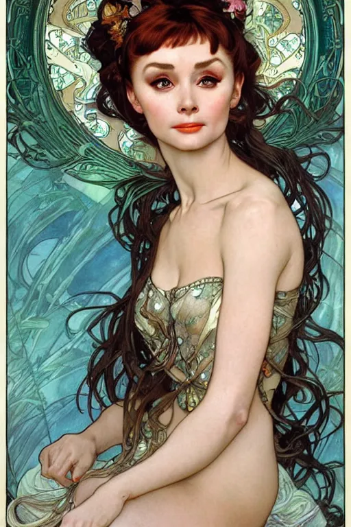 Prompt: realistic detailed closeup face portrait of Mermaid Audrey Hepburn, by Alphonse Mucha, Ayami Kojima, Amano, Charlie Bowater, Karol Bak, Greg Hildebrandt, Jean Delville, and Mark Brooks, Art Nouveau, Neo-Gothic, gothic, rich vivid colors