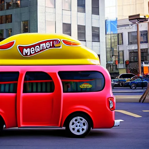 Prompt: very weird, very wrong concept of the Oscar Mayer Wienermobile on the street, photograph