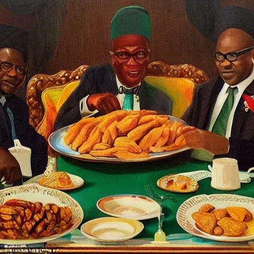 Image similar to president muhammadu buhari sitted at a lavish banquet with a large bastion of chicken in the style of edward hooper and henri matisse yinka shonibare oil painting