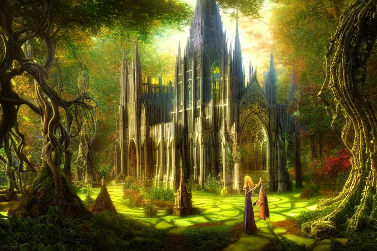 Prompt: a beautiful and highly detailed digital painting of an elven cathedral in a beautiful garden in a mystical forest, psychedelic, celtic, intricate details, epic scale, insanely complex, artstation, cgsociety, 8 k, sharp focus, hyperrealism, by caspar friedrich, albert bierstadt, james gurney, brian froud,