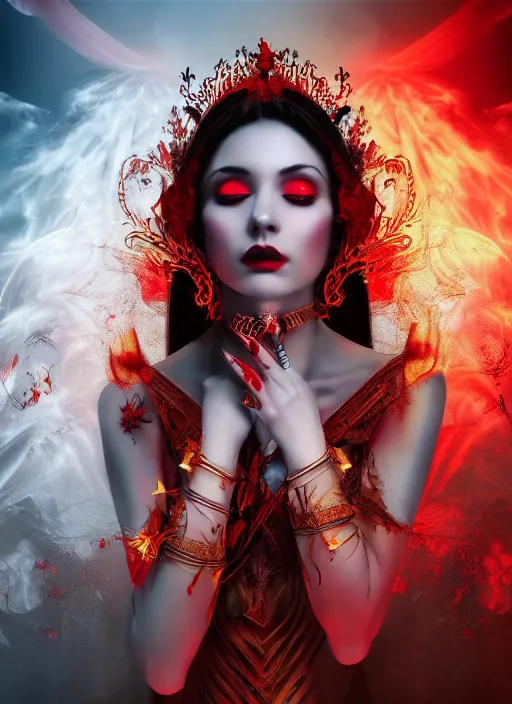 Image similar to a beautiful detailed 3 d matte painting, variations around female, queen, necromancer, symmetrical features, vertical portrait, whirling smoke, embers, red adornements, red torn fabric
