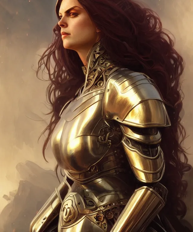 Image similar to Muscular and powerful medieval knight woman portrait, sci-fi, amber eyes, face, long hair, fantasy, intricate, elegant, highly detailed, digital painting, artstation, concept art, smooth, sharp focus, illustration, art by artgerm and greg rutkowski and alphonse mucha