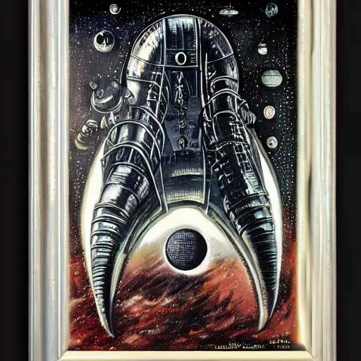 Image similar to atompunk space ship sailing the infinite cosmos, grand scale, raygun gothic style, painting by h. r. giger