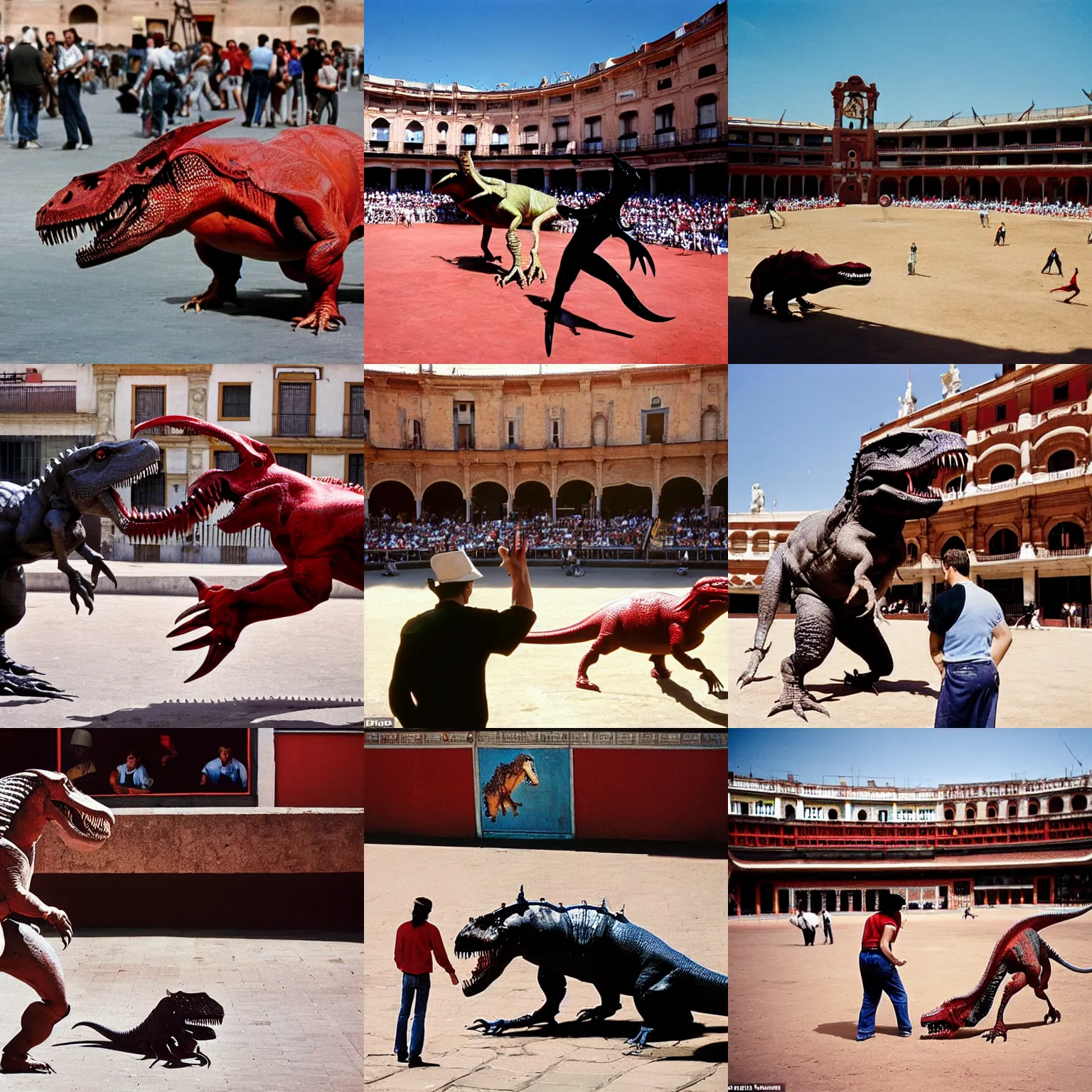 Prompt: a toreador facing off against a t - rex in the plaza de toros, madrid, long shot, midday sun, kodachrome