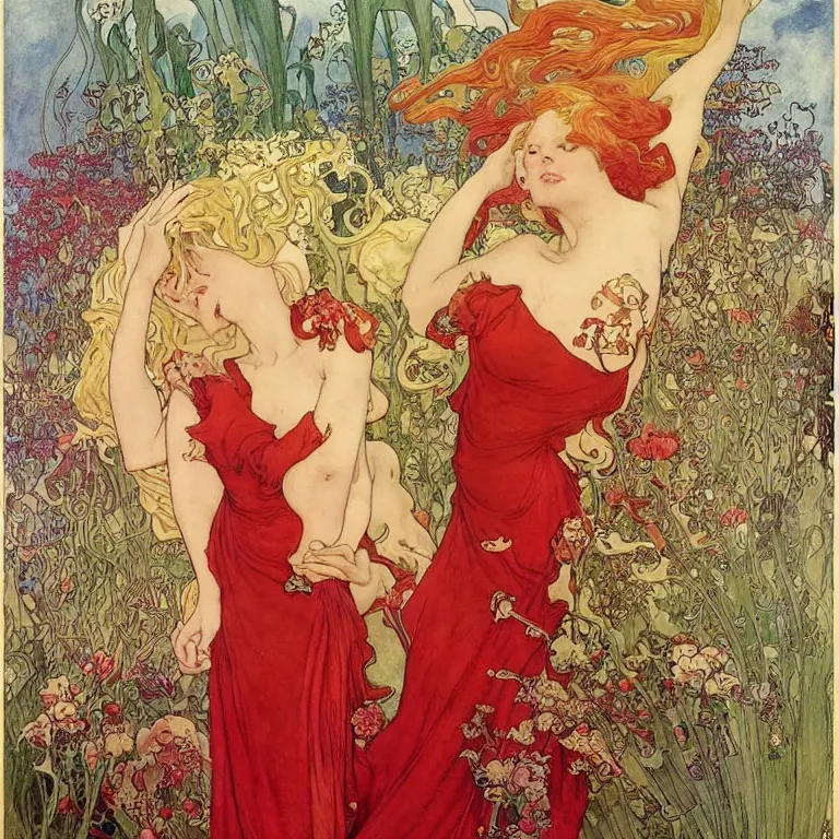 Image similar to There is a woman in a red dress, with white hair on a golden background, with pink flowers Anton Pieck,Jean Delville, Amano,Yves Tanguy, Alphonse Mucha, Ernst Haeckel, Edward Robert Hughes,Stanisław Szukalski and Roger Dean