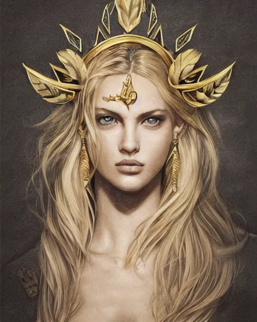 Image similar to tattoo design sketch of hot blonde super model as aphrodite greek goddess wearing a gold laurel wreath and triangle earrings, beautiful piercing gaze with sharp pupils, in the style of greg rutkowski, fantasy, amazing detail, epic, elegant, smooth, sharp focus, front view