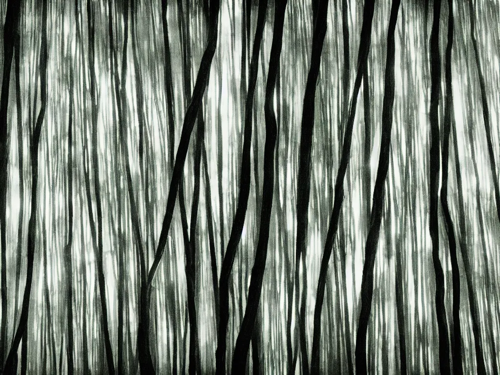 Prompt: double exposure photograph of tens of eucalyptus trees, strong back light, digital glitches, in the style of edward steichen and klee,