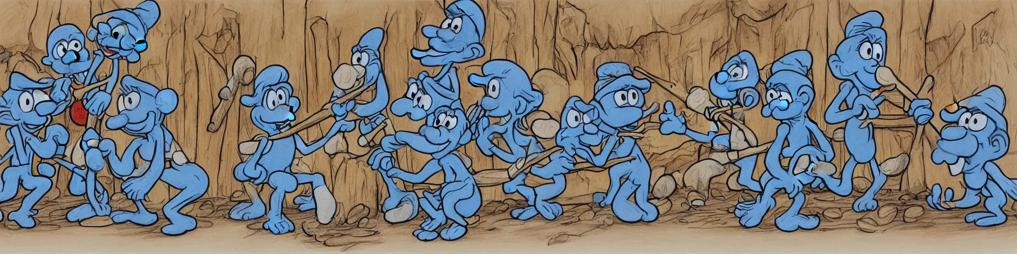 Image similar to in highly detailed color drawing of smurfs and long bones