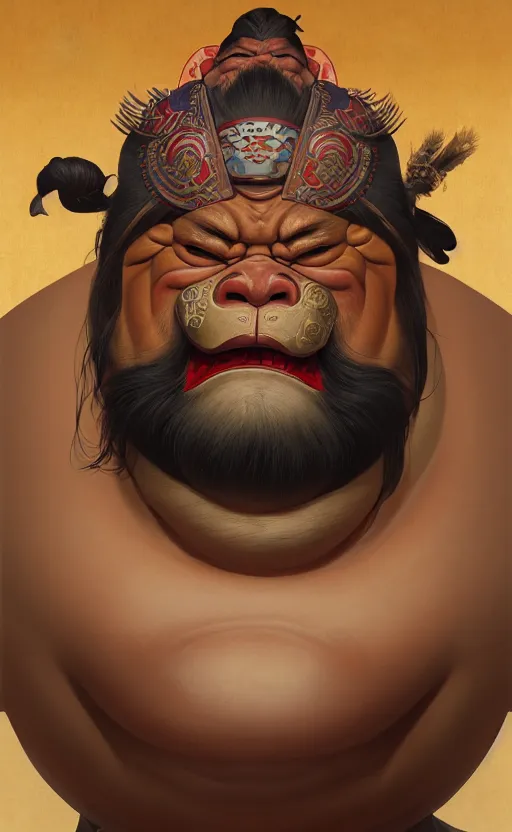 Image similar to a dynamic portrait of a gigantic sumo wrestler, a fat tank monster wearing a tibetan demon mask, concept art, deep focus, fantasy, intricate, highly detailed, digital painting, artstation, matte, sharp focus, illustration, art by greg rutkowski and alphonse mucha