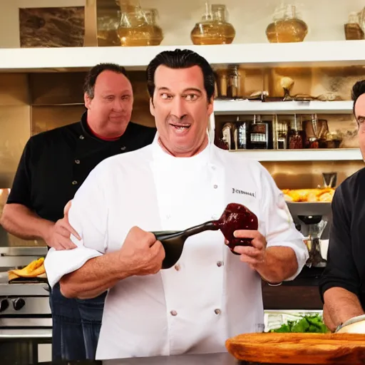 Prompt: john travolva and steven segal host a cooking show