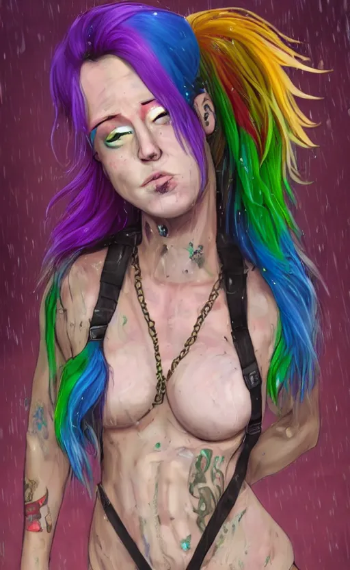 Prompt: a grungy woman with rainbow hair, drunk, angry, soft eyes and narrow chin, dainty figure, long hair in bun, combat boots, fishnets, suspenders, tiny vest, short shorts, basic white background, sie boob, in the rain, wet, symmetrical, single person, style of by Jordan Grimmer and greg rutkowski, crisp lines and color,