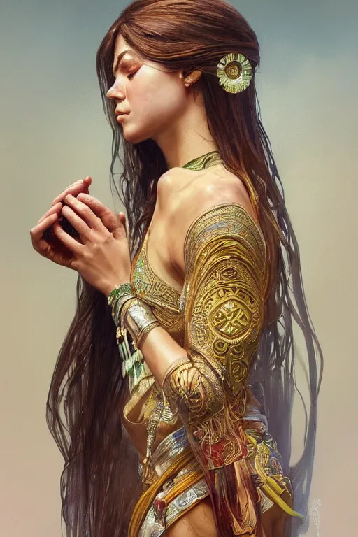 Image similar to ultra realistic illustration, a stunningly beautiful shaman girl praying, intricate, elegant, highly detailed, digital painting, artstation, concept art, smooth, sharp focus, illustration, art by artgerm and greg rutkowski and alphonse mucha