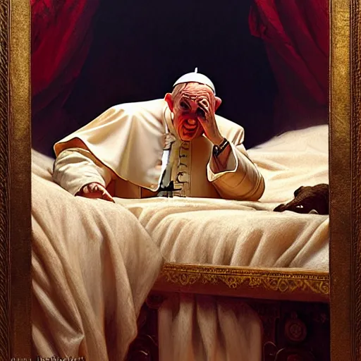 Prompt: the pope is in his bed, nervous and terrified, because a double horned shadow figure from hell is attacking him. highly detailed painting by gaston bussiere, j. c. leyendecker, greg rutkowski, craig mullins 8 k