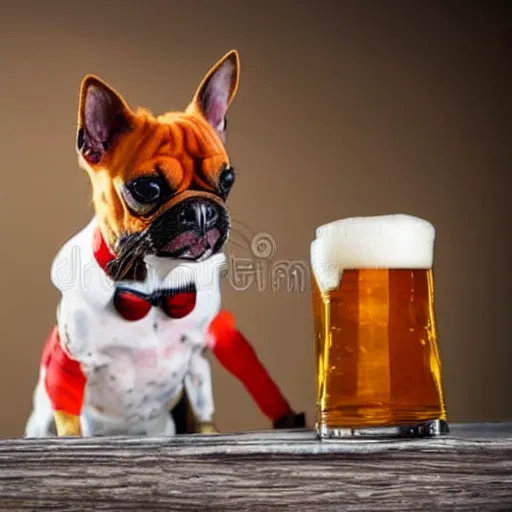 Image similar to a small dog with a red mohawk drinking beer, stock photo