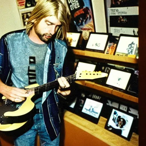 Image similar to kurt cobain smashing foo fighters cds at tower records in 1 9 9 6