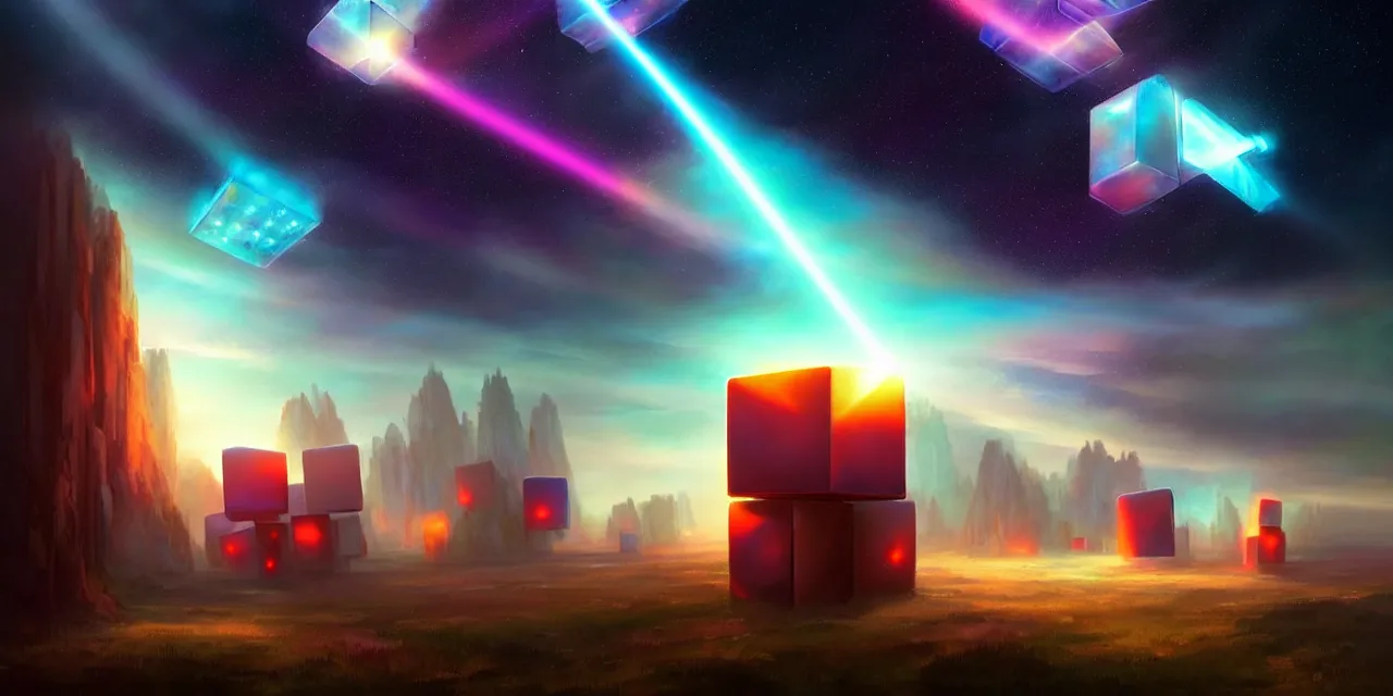 Image similar to a fleet of giant glowing futuristic cubes tied to each other with light beams in the sky, a fantasy magical landscape seen in the distance, atmospheric lighting, intricate, volumetric lighting, beautiful, sharp focus, ultra detailed, in the art style of marc simonetti, bowater charlie and brom gerald, astrophotography