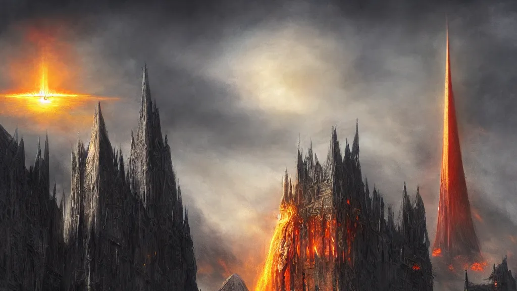 Prompt: flaming eye of sauron above the tower of barad - dur, by alan lee, michal karcz, smooth details, lord of the rings, game of thrones, smooth, detailed terrain, oil painting, trending artstation, concept art, fantasy matte painting