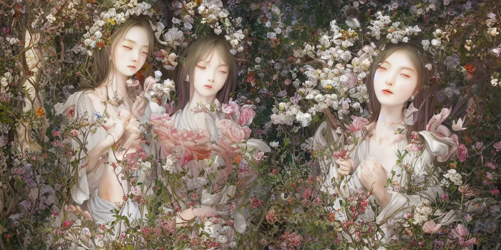 Prompt: breathtaking detailed concept art painting of the hugs goddesses of white flowers, orthodox saint, with anxious, piercing eyes, ornate background, amalgamation of leaves and flowers, by Hsiao-Ron Cheng, James jean, Miho Hirano, Hayao Miyazaki, extremely moody lighting, 8K