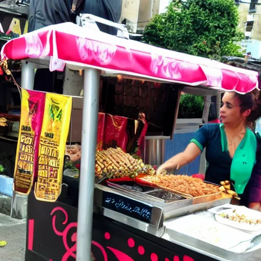 Prompt: Shakira selling street food stall