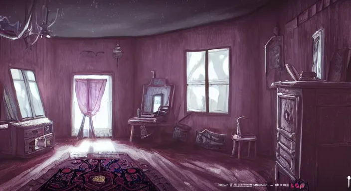 Image similar to creepy vampire mansion interior in the style of disco Elysium