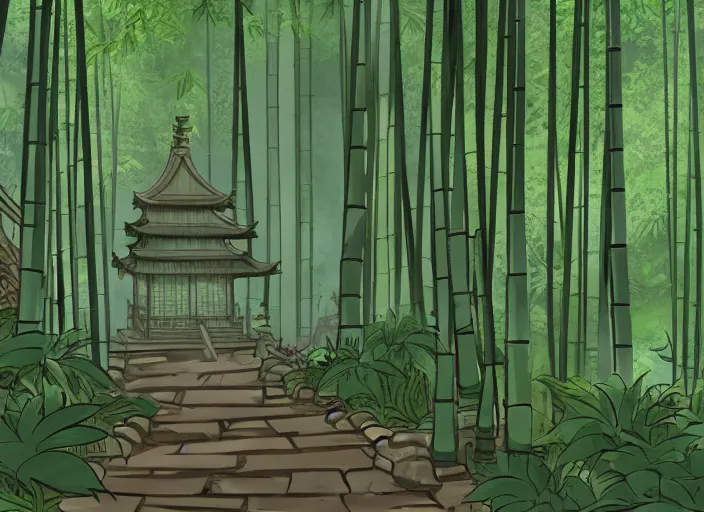 Prompt: deep in a japanese bamboo forest, ancient ruined temple in distance, sunny, cartoony, sketched, mid day, realistic lighting, by ghibli studio, arcane, wild rift, trending on artstation, 4 k, hd