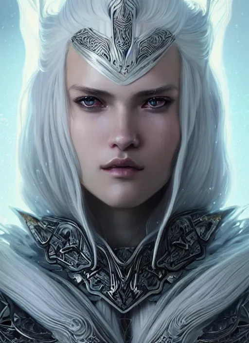 Image similar to light iridescent armor!!! long wild white hair!! covered chest!!! fantasy, d & d, intricate ornate details, digital painting, pretty face!!, symmetry, concept art, sharp focus, illustration, art by artgerm! greg rutkowski magali villeneuve wlop! ilya kuvshinov!!, octane render