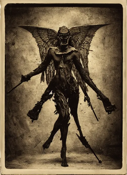 Image similar to old wetplate daguerreotype demons, devil, pain, anger, desolation, angel, throne, spear, explosion of data fragments, fractal, intricate, elegant, highly detailed, parallax, leica, medium format, subsurface scattering, by jheronimus bosch and greg rutkowski and louis jacques mande daguerre