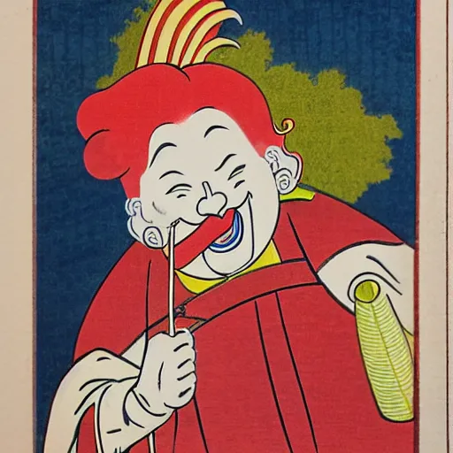 Prompt: ukiyo - e style print of ronald mcdonald smoking a cigarette