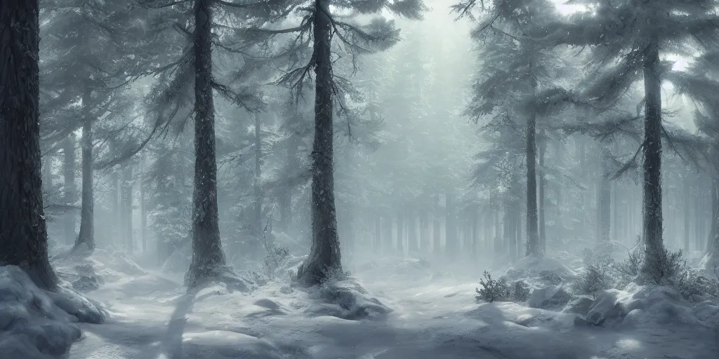 Image similar to a winter forest, highly detailed oil painting, Jessica Rossier, Studio Ghibli, range murata, digital art, octane render, beautiful composition, trending on artstation, masterpiece