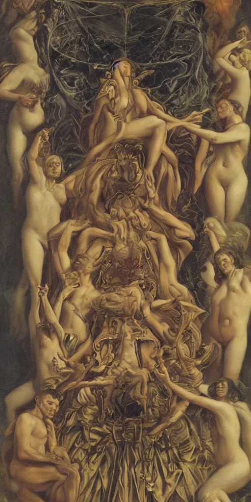 Prompt: the throne of abundance ,by roberto ferri, by austin osman spare, by wayne barlowe, detailed painting, mystical, occult